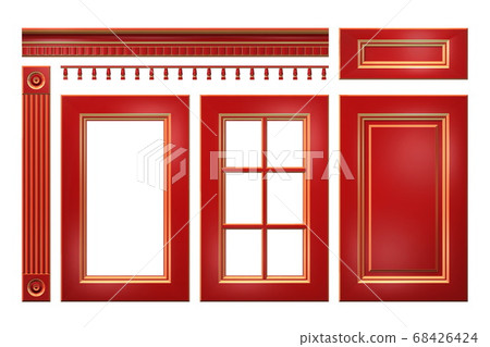 Red with gold door, drawer, column, cornice for kitchen cabinet isolated on white Red with gold door, drawer, column, cornice for kitchen cabinet isolated on white 68426424