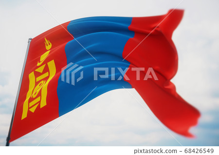 Waving flags of the world - flag of Mongolia. Shot with a shallow depth of field, selective focus. 3D illustration. 68426549