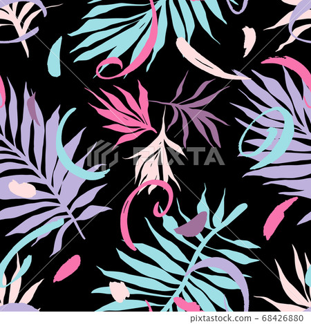 Botanical seamless pattern. Hand drawn fantasy exotic sprigs with abstract geometric elements. Floral background made of herbal foliage leaves . Good for textile, fabric, fashion. 68426880