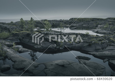 Water puddles in the rocky shore 68430020