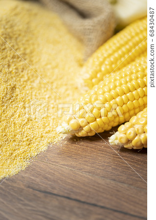 Ripe young sweet corn cob and cornmeal on 68430487