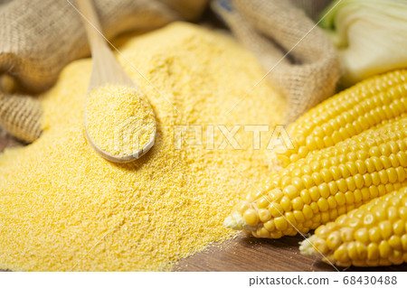 Ripe young sweet corn cob spoon and cornmeal close 68430488