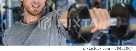 Gym man fitness training arms lifting free weights. Closeup of weight and arm. Unrecognizable male athlete doing dumbbell front raise for shoulder workout wide banner poster Gym man fitness training arms lifting free weights. Closeup of weight and arm. Unrecognizable male athlete doing dumbbell front raise for shoulder workout wide banner poster 68431004