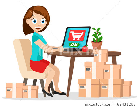 A girl sits at a table with a laptop and orders A girl sits at a table with a laptop and orders 68431293