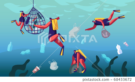 Scuba Divers Collecting Floating Sea Garbage Scuba Divers Collecting Floating Sea Garbage 68433672