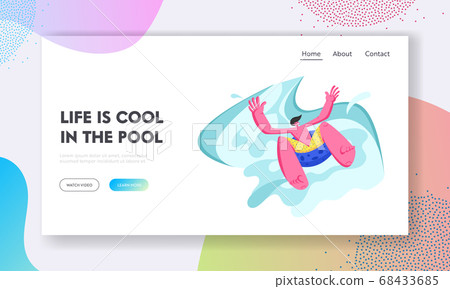 Excited Man Sliding by Inflatable Float Waterpark 68433685