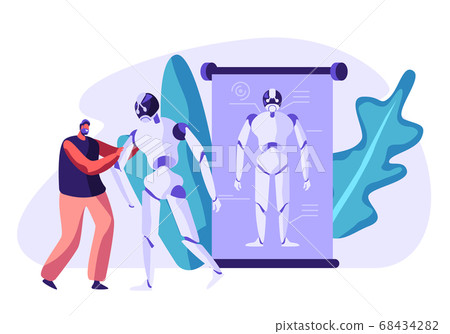Robotics Engineering. Man Holding Huge Cyborg Robotics Engineering. Man Holding Huge Cyborg 68434282