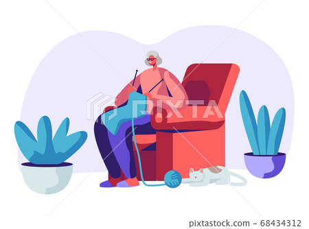 Happy Senior Grey Haired Woman in Glasses Knitting Happy Senior Grey Haired Woman in Glasses Knitting 68434312