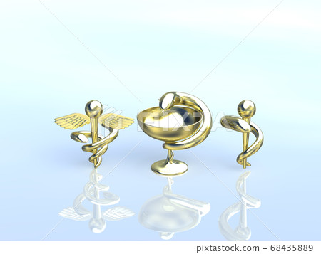 Gold Caduceus wand, Hygieia cup, Asclepius wand background 3DCG illustration design 68435889