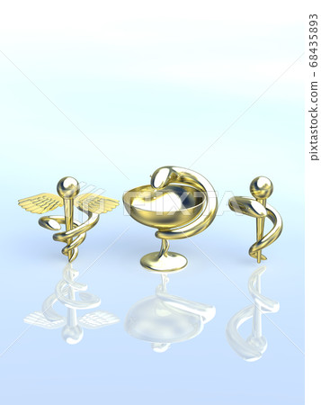 Gold Caduceus wand, Hygieia cup, Asclepius wand background 3DCG illustration design 68435893