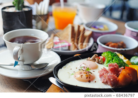 Morning Breakfast - Fried eggs with sausages, 68436797