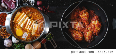 Kimchi Jjigae soup with Spicy fried chicken. Korean food Kimchi Jjigae soup with Spicy fried chicken. Korean food 68439746
