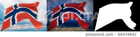 Waving flags of the world - flag of Norway. Set of 2 flags and alpha matte image. Very high quality mask without unwanted edge. High resolution for professional composition. 3D illustration. 68439842
