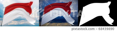 Waving flags of the world - flag of Monaco. Set of 2 flags and alpha matte image. Very high quality mask without unwanted edge. High resolution for professional composition. 3D illustration. Waving flags of the world - flag of Monaco. Set of 2 flags and alpha matte image. Very high quality mask without unwanted edge. High resolution for professional composition. 3D illustration. 68439890