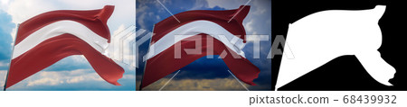 Waving flags of the world - flag of Latvia. Set of 2 flags and alpha matte image. Very high quality mask without unwanted edge. High resolution for professional composition. 3D illustration. Waving flags of the world - flag of Latvia. Set of 2 flags and alpha matte image. Very high quality mask without unwanted edge. High resolution for professional composition. 3D illustration. 68439932