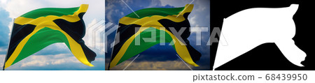 Waving flags of the world - flag of Jamaica. Set of 2 flags and alpha matte image. Very high quality mask without unwanted edge. High resolution for professional composition. 3D illustration. 68439950