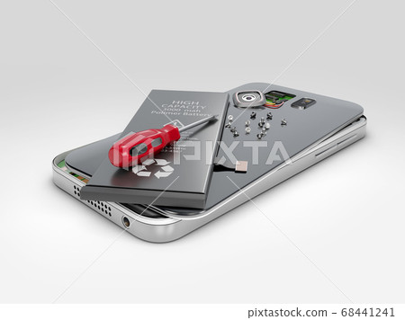 Mobile phone repair, 3D illustration. Broken mobile phone with battery. Repair electronic equipment 68441241