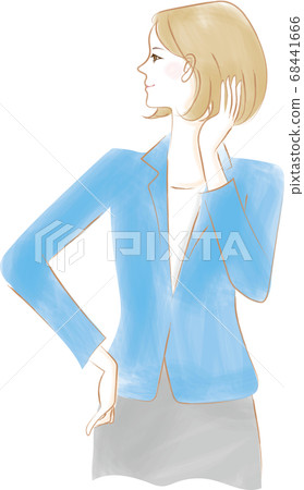 Profile of a woman wearing a jacket touching her hair 68441666