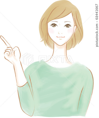 A smiling woman pointing the right index finger and stating the point 68441667