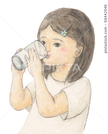 Girl in a white T-shirt drinking milk, watercolor colored pencil drawing Girl in a white T-shirt drinking milk, watercolor colored pencil drawing 68442046