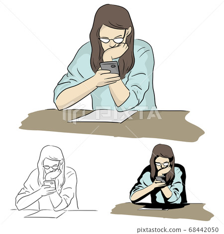 woman with glasses using smartphone while working 68442050