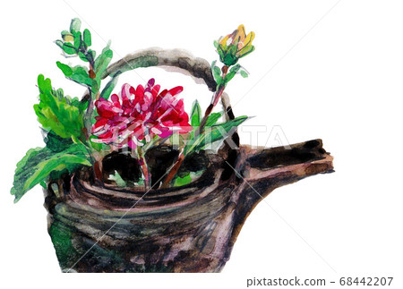 Dahlia and chrysanthemum flowers displayed in a clay bottle Dahlia and chrysanthemum flowers displayed in a clay bottle 68442207