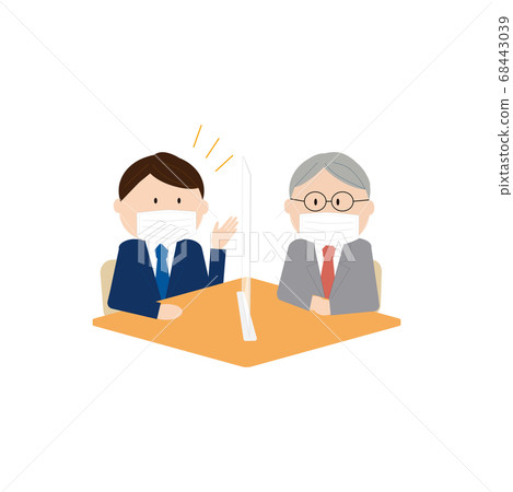 A businessman wearing a mask over an acrylic board and talking in person 68443039
