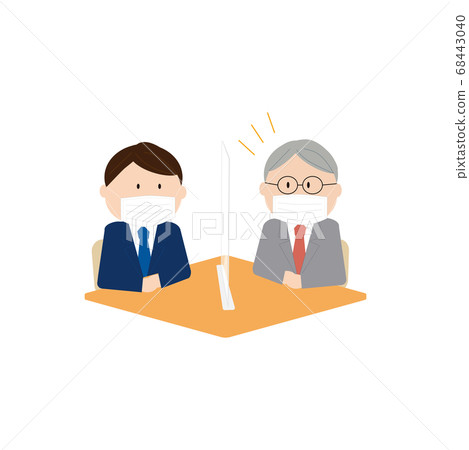 A businessman wearing a mask over an acrylic board and talking in person A businessman wearing a mask over an acrylic board and talking in person 68443040