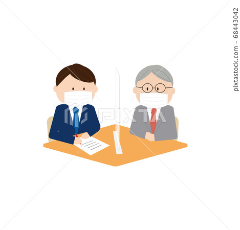 Businessman wearing a mask over an acrylic board and talking face-to-face (fill out documents) Businessman wearing a mask over an acrylic board and talking face-to-face (fill out documents) 68443042