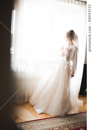 Luxury bride in white dress posing while preparing for the wedding ceremony 68443532