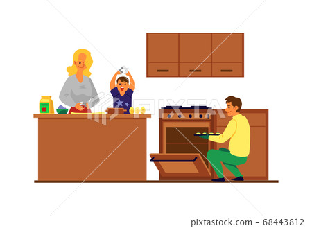 Happy family baking cookies together in the kitchen. Mother, father and son Happy family baking cookies together in the kitchen. Mother, father and son 68443812
