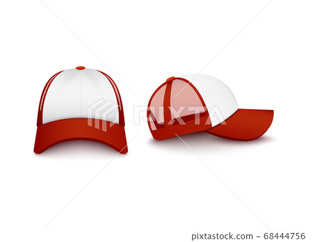 Red and white snapback baseball cap mockup set from front and side view 68444756