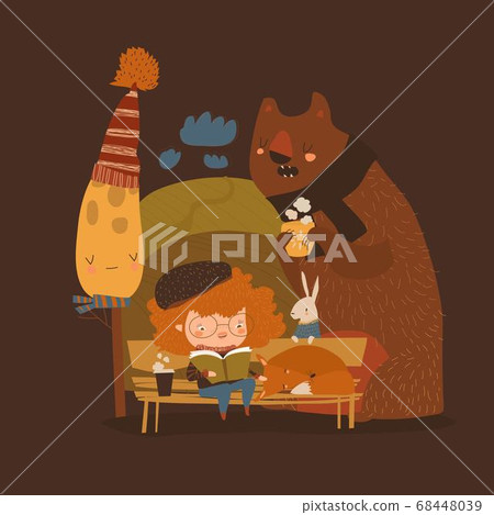 Cute cartoon girl reading book in autumn forest Cute cartoon girl reading book in autumn forest 68448039