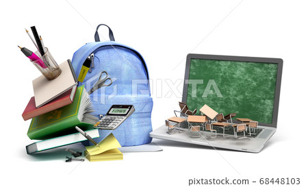 online learning concept Blue backpack with school online learning concept Blue backpack with school 68448103