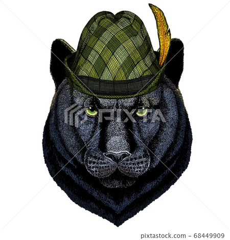 Black panther, puma. Head of animal. Austrian bavarian tirol hat. Beer festival. Oktoberfest. Black panther, puma. Head of animal. Austrian bavarian tirol hat. Beer festival. Oktoberfest. 68449909