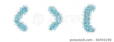 Alphabet made of virus isolated on white background. Symbol left and right angle bracket, left square bracket. 3d rendering. Covid font Alphabet made of virus isolated on white background. Symbol left and right angle bracket, left square bracket. 3d rendering. Covid font 68450299