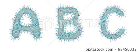 Set of letters made of virus isolated on white background. Capital letter A, B, C. 3d rendering. Covid font 68450332