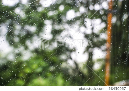 Window glass with raindrops and blurred trees through the window glass Window glass with raindrops and blurred trees through the window glass 68450967