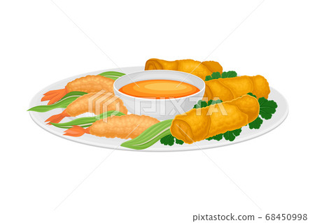 Deep Fried Shrimps with Green Vegetables and Sauce as Seafood Dish Vector Illustration Deep Fried Shrimps with Green Vegetables and Sauce as Seafood Dish Vector Illustration 68450998