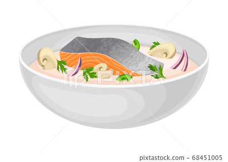 Thick Creamy Soup with Salmon Slab and Mushrooms as Seafood Dish Vector Illustration 68451005