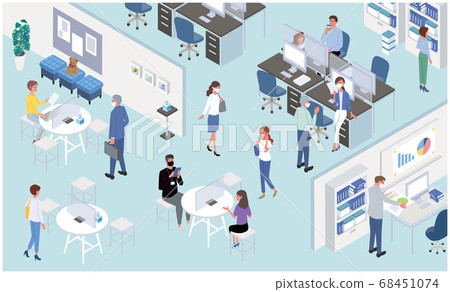 Illustration of an office that takes measures against infections New normal working people Isometric 68451074