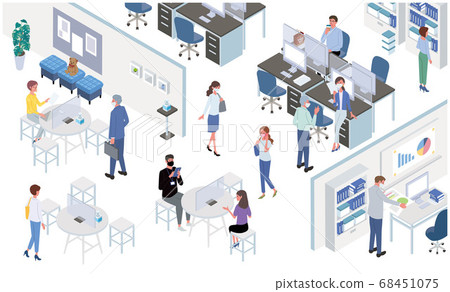 Illustration of an office that takes measures against infections New normal working people Isometric 68451075