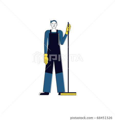 Cheerful cleaner man with a mop. Isolated on white Cheerful cleaner man with a mop. Isolated on white 68451326