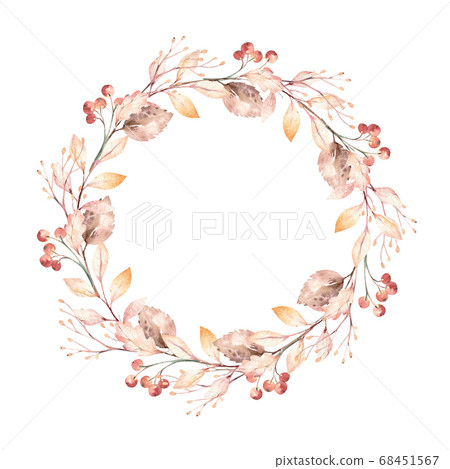 Wreath brown set with flowers and leaves. Watercolor bouquet for