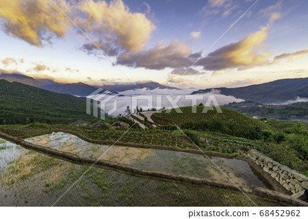 Rice field terraces. Mountain view in the clouds. Rice field terraces. Mountain view in the clouds. 68452962