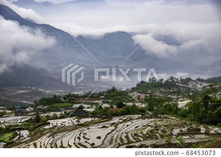 Rice field terraces. Mountain view in the clouds. Rice field terraces. Mountain view in the clouds. 68453073