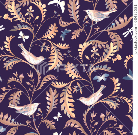 Seamless pattern with birds, dragonfly and branches with leaves. Hand drawn by color pencils realistic flora and fauna background. Nature motif in vintage style Seamless pattern with birds, dragonfly and branches with leaves. Hand drawn by color pencils realistic flora and fauna background. Nature motif in vintage style 68453581