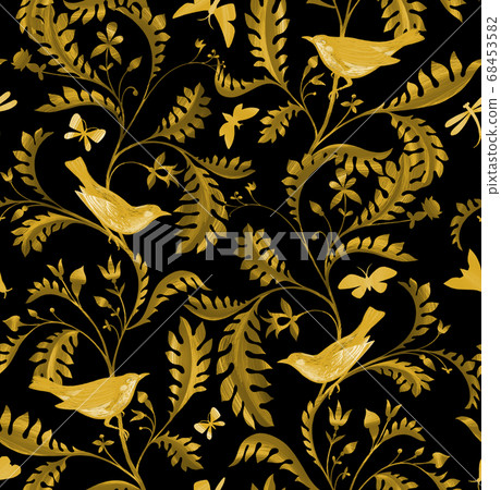 Seamless pattern with birds, dragonfly and branches with leaves. Hand drawn by color pencils realistic flora and fauna background. Nature motif in vintage style 68453582