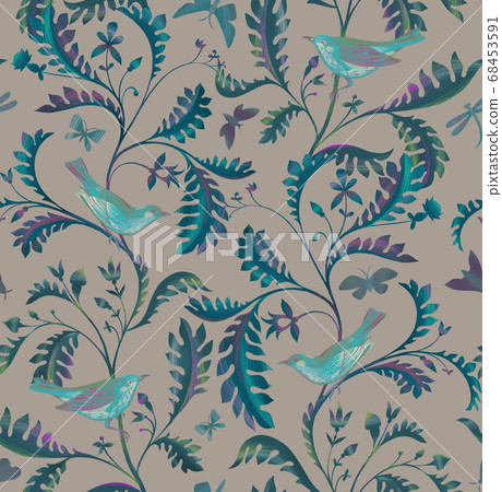Seamless pattern with birds, dragonfly and branches with leaves. Hand drawn by color pencils realistic flora and fauna background. Nature motif in vintage style 68453591