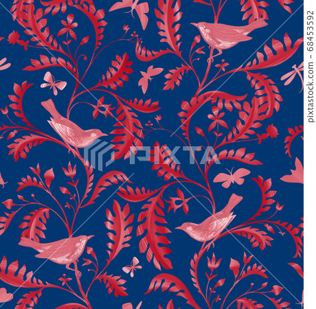 Seamless pattern with birds, dragonfly and branches with leaves. Hand drawn by color pencils realistic flora and fauna background. Nature motif in vintage style 68453592